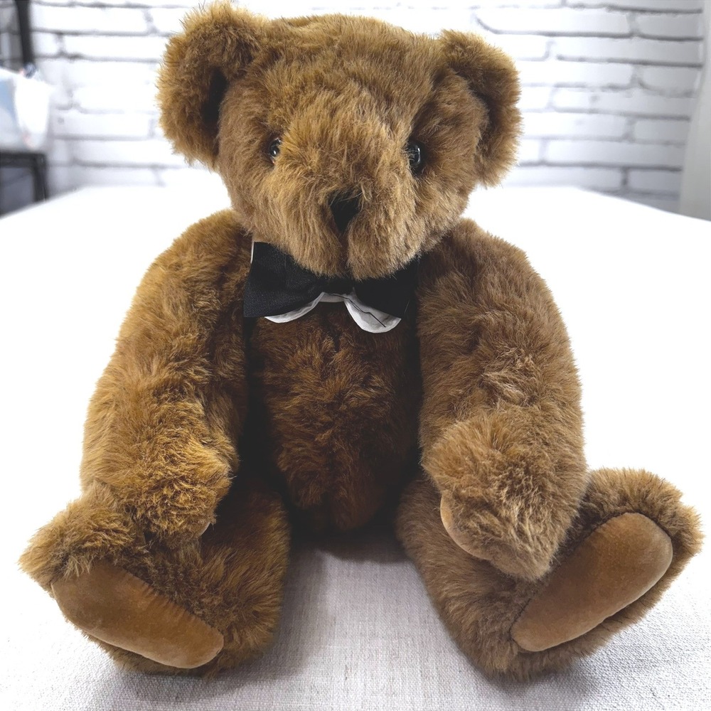 Vermont Teddy Bear Brown Plush Jointed 15 Inch Bow Tie Handmade in USA